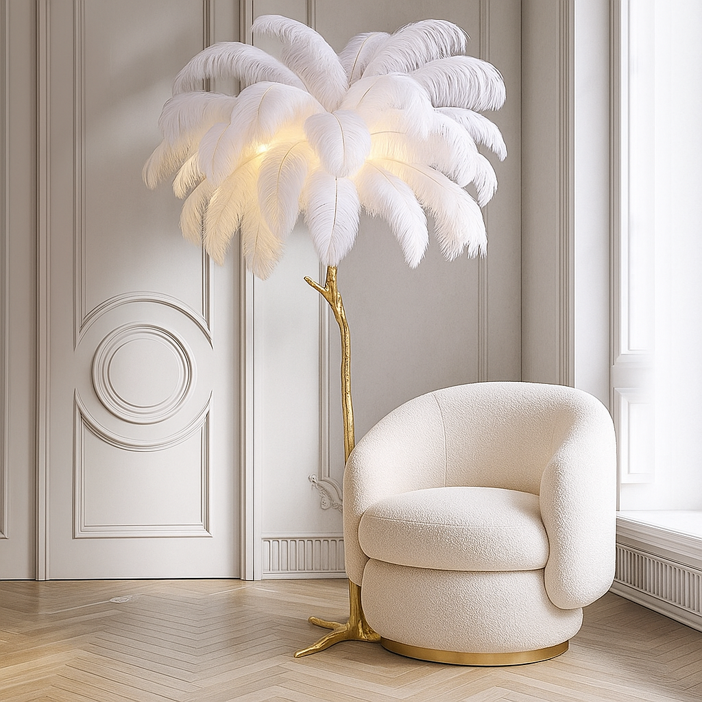 Decorative feathered floor lamp with a white armchair in a stylish room.